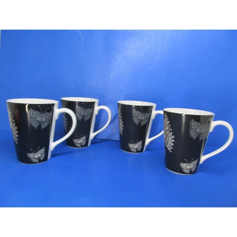 Roscher Butterfly Lace Collection Set Of 4 White On Black 4 1/2